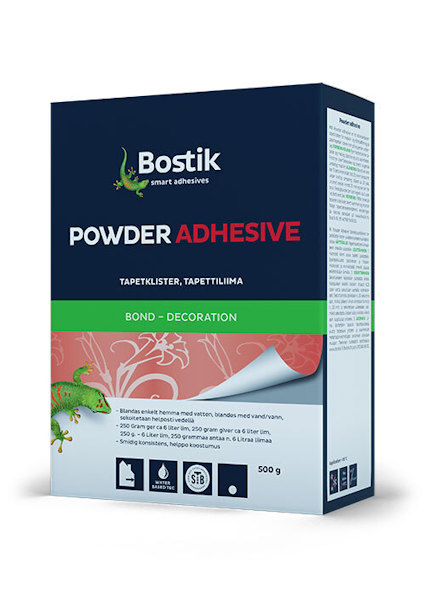 Förpackning med Bostik Powder Adhesive, 500g, med illustrerad etikett och text på flera språk.