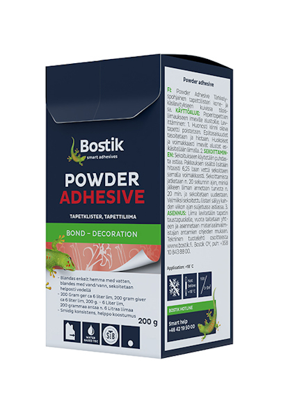 Förpackning av tapetklister med texten "Bostik", "Powder Adhesive" och instruktioner på sidan.
