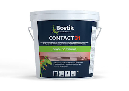 Vit hink med etikett märkt "Bostik CONTACT 31" och bilder av en ödla och symboler för golv.