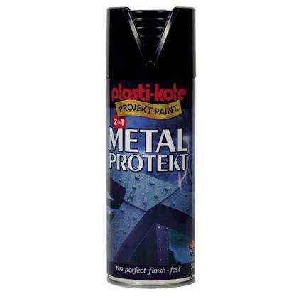 Sprayflaska med etiketttext: "plasti-kote PROJEKT PAINT 2 in 1 METAL PROTEKT".