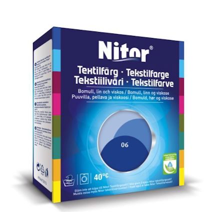 Förpackning av Nitor textilfärg i kulören Blåklint 06, med text på flera språk och temperaturikonen 40°C.
