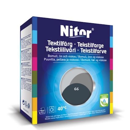 Förpackning av Nitor textilfärg för bomull, lin och viskos i färgen antracit 66, med tvättsymbol för 40°C.