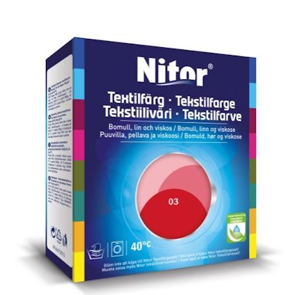 Förpackning av Nitor textilfärg med etikett för bomull, lin och viskos, färgkod 03, rekommenderad temperatur 40 grader.