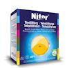 Flerfärgad förpackning för Nitor textilfärg i nyansen solrosgul 01, med instruktioner på flera språk.