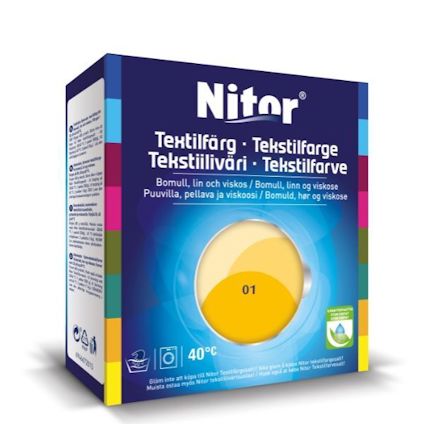 Flerfärgad förpackning för Nitor textilfärg i nyansen solrosgul 01, med instruktioner på flera språk.