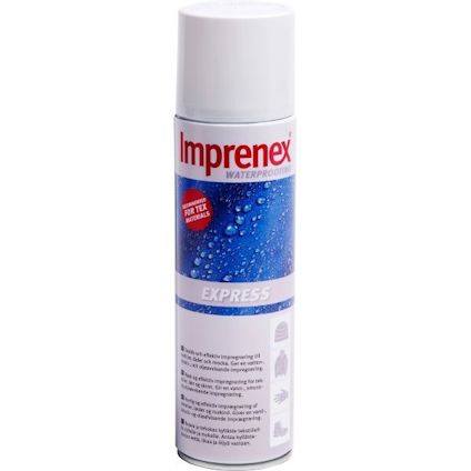 Sprayflaska med texten "Imprenex Waterproofing Express" och bild på vattendroppar på blå bakgrund.