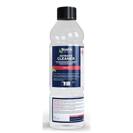 Transparent flaska med svart skruvlock och etikett där det står "Bostik Adhesive Cleaner".