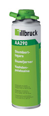 Sprayburk med grön etikett och text: "illbruck AA290 Skumborttagare Skumfjerner Vaahdonpoistoaine".