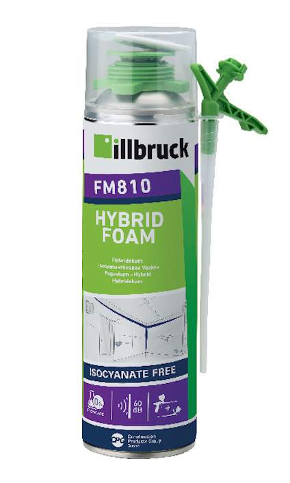 Sprayburk märkt "illbruck FM810 Hybrid Foam" med grön applikatorfastsättning ovanpå.