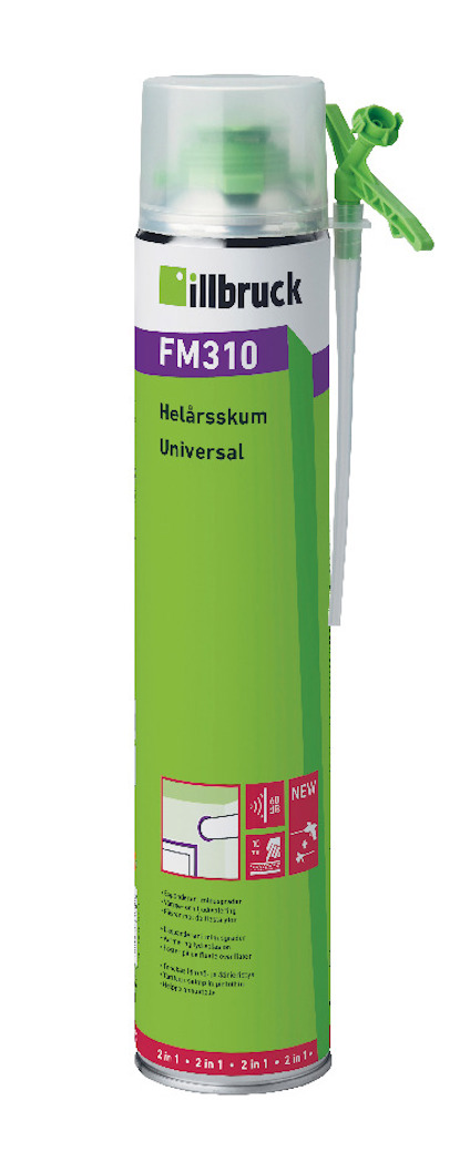 Grön och vit sprejburk med texten "FM310 Helårsskum Universal," utrustad med ett rör för applicering.