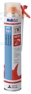 Aerosolbehållare märkt med "Nullifire FF197" och "Brandskum Polarklima." Röd och blå etikett, röd applikator på toppen.