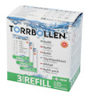 Förpackning med texten "TORRBOLLEN" och "3 PACK REFILL". Illustration av vattenstänk och information på flera språk.