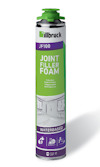 Isolerskumsprayburk med texten "Hillbruck JF100 Joint Filler Foam" och etikett i grönt och lila.