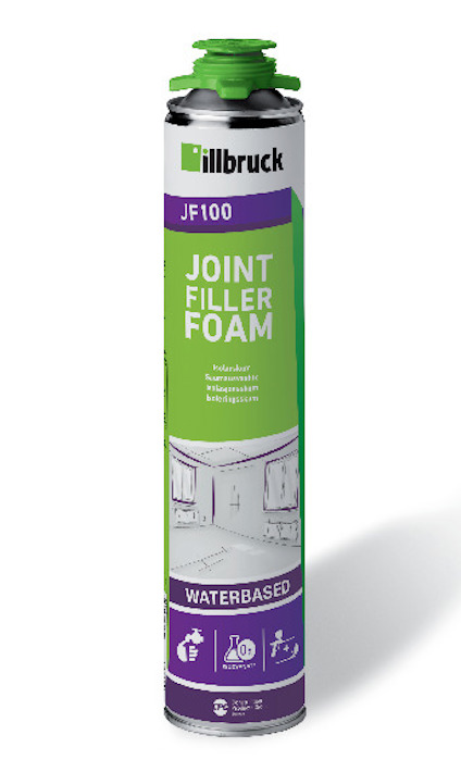 Isolerskumsprayburk med texten "Hillbruck JF100 Joint Filler Foam" och etikett i grönt och lila.