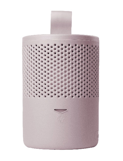 Cylindrisk, rosa fuktslukare med perforerat mönster och handtag upptill.