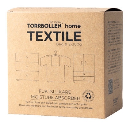 Brun kartong med texten "TORRBOLLEN home TEXTILE" och bilder av garderob, tröja och byrå. Text: "FUKTSLUKARE MOISTURE ABSORBER".
