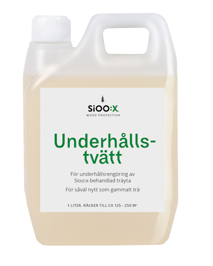 Förpackning med texten "Underhållstvätt" och "SiOO:X Wood Protection" på en vit etikett.