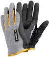 Arbetshandskar i svart och grått med gula detaljer, märkta med "TEGERA".