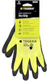 Gul handskar med gråa handflator och svart textilrand på kanterna. Text: "TEGERA 8820R", "Dry Grip", "High Visibility".