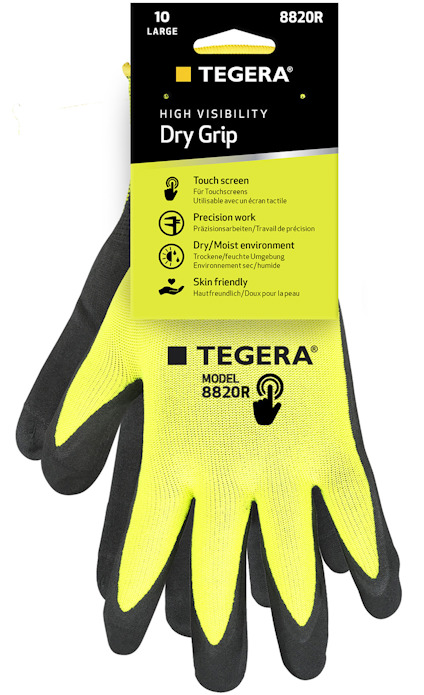 Gul handskar med gråa handflator och svart textilrand på kanterna. Text: "TEGERA 8820R", "Dry Grip", "High Visibility".