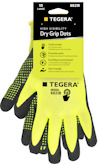 Gul handske med svarta greppunkter och text: "Tegera 8821R, High Visibility Dry Grip Dots, Touch screen, Precision work".