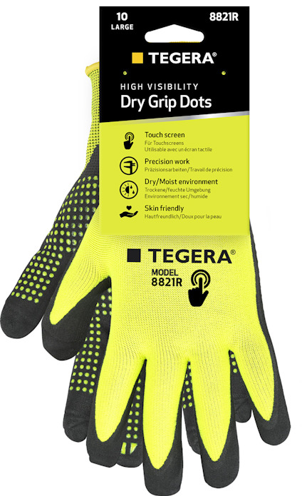Gul handske med svarta greppunkter och text: "Tegera 8821R, High Visibility Dry Grip Dots, Touch screen, Precision work".
