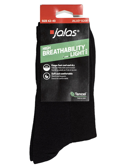 Svart socka förpackad med etikett märkt "Jalas", "HIGH BREATHABILITY LIGHT" och "Tencel". Storlek 42-43.