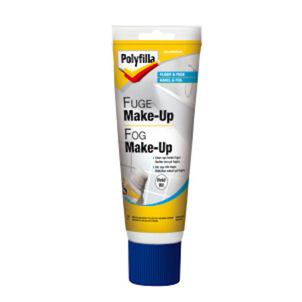 Tandkrämsliknande tub märkt "Polyfilla Fuge Fog Make-Up" med blå kork och flerfärgad etikett.