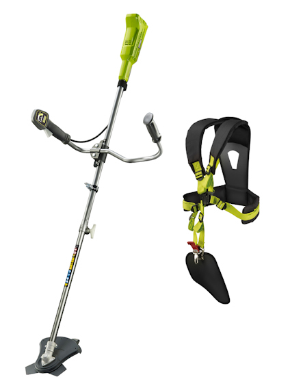 Batteridriven trimmer med metallaxel och ett grönt handtag. Medföljande sele av svart och grönt tyg.