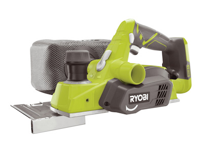 Grön och svart batterdriven hyvel med dammpåse, märkt "RYOBI" på sidan.