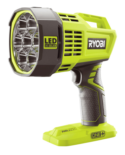 Grön strålkastare med sju LED-lampor och Ryobi-logotyp. Batterifäste märkt "DUAL POWER ONE+".