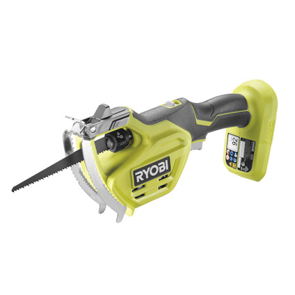 Grön och svart grensåg med märket "RYOBI", batteridriven design, synlig sågklinga och handtag med gummerat grepp.