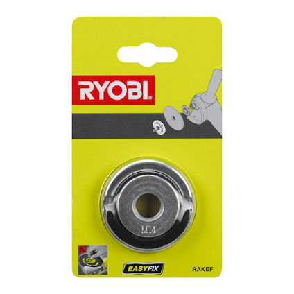 Förpackning med en metallmutter markant märkt "M14" mot en grön bakgrund. Text: RYOBI, EASYFIX, RAKEF.