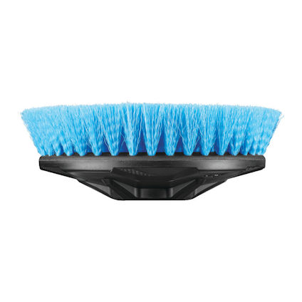 Blå borste med mjuka borst och svart plasthandtag, fotograferad från sidan.
