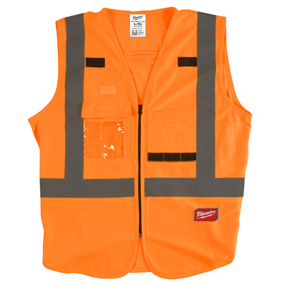 Orange säkerhetsväst med reflexband och fickor, storlek XXL.
