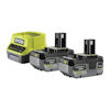 Två Ryobi 18V Lithium+ 4.0 Ah batterier och en kompatibel batteriladdare.