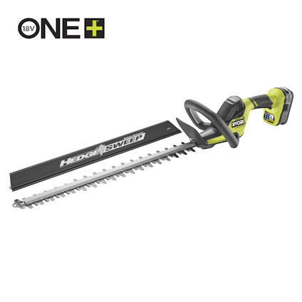 Grön och svart batteridriven häcksax med svart klinga och loggan "ONE+ 18V" längst upp till vänster.