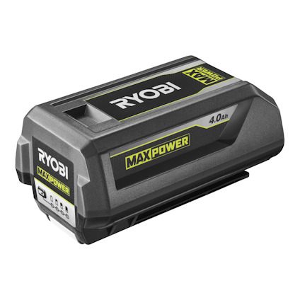 Svart och grått batteri med texten "RYOBI MAX POWER 4.0 Ah" och indikatorlampa på sidan.