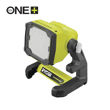 Arbetslampa i grön och svart plast med LED-panel framför, bär märket "Ryobi" och "18V ONE+".