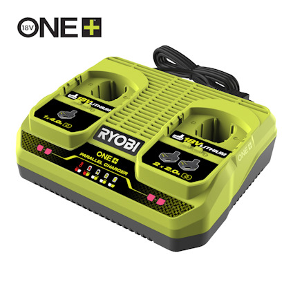 Grön och svart dubbelladdare med två batterifack, märkt "RYOBI ONE+" för 18V Li-ion-batterier.