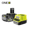 Batteriladdare och batteri med texten "Lithium+ 18V 5.0Ah" och "RYOBI." Logotypen "ONE+ 18V" syns i hörnet.