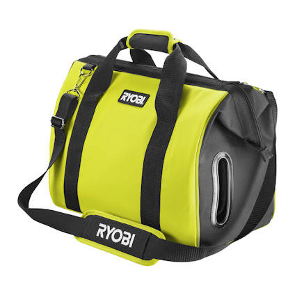 Grön och svart bärväska med RYOBI-logotyp, två handtag och justerbar axelrem.