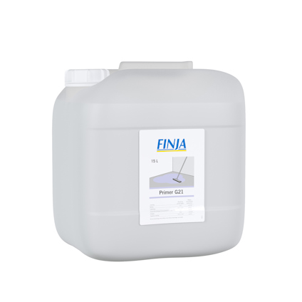 Plastdunk med etikett som visar "FINJA", "15 L", "Primer G21" och en illustration av golvapplicering.