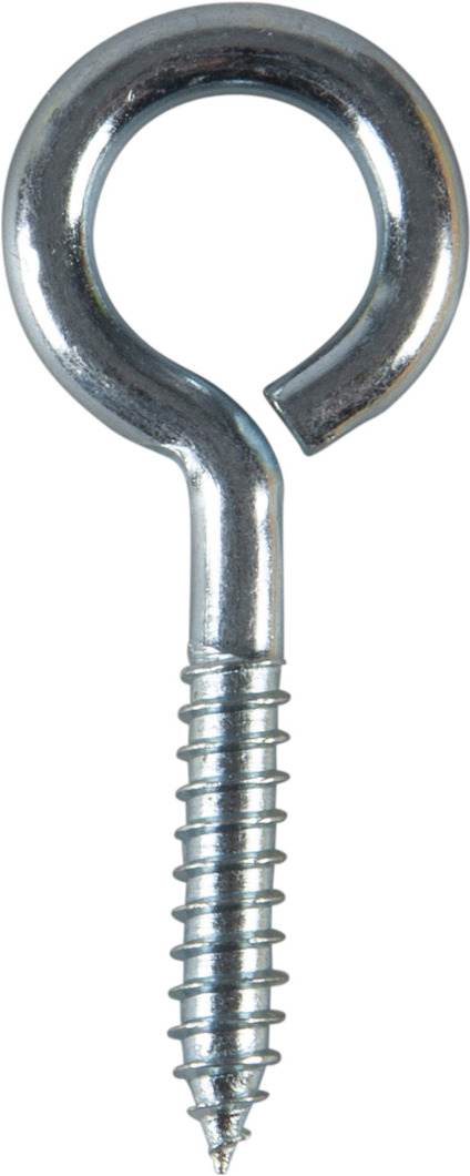 Metallisk skruvögla med rund ögla och spiralformad gängad ände på en ljus bakgrund.