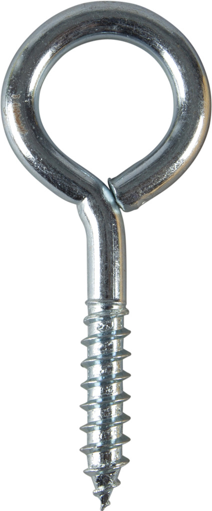 Metallisk skruvögla med spiralformad skruv och rund ögla.