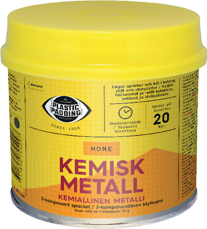 En gul och blå förpackning märkt "Plastic Padding Kemisk Metall", med text på flera språk och tidsangivelsen 20 min.