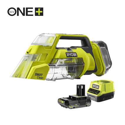 Grön och grön bärbar fläckborttagningsmaskin med Ryobi-logotyp, batteri och laddare.