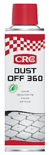 Sprayburk med röd kork och texten "CRC Dust Off 360" mot en grå bakgrund med tangentbordsmotiv.