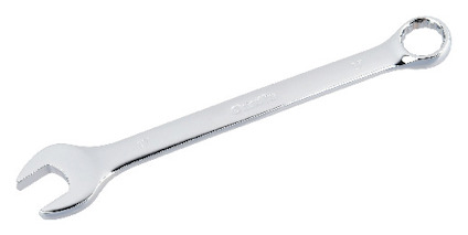 U-formad skiftnyckel med ringnyckel i metall, silverfärgad, mot vit bakgrund.