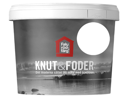 Vit färgburk med texten "Falu Rödfärg Knut & Foder" och en landskapsbild i gråskala.